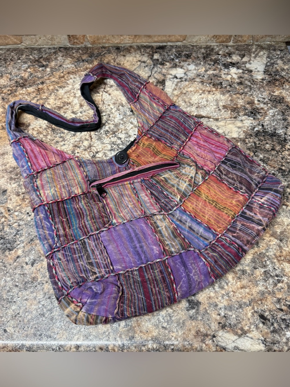 Boho Hippie Multicolor Patchwork Fabric Crossbody Bag Purse Size: L